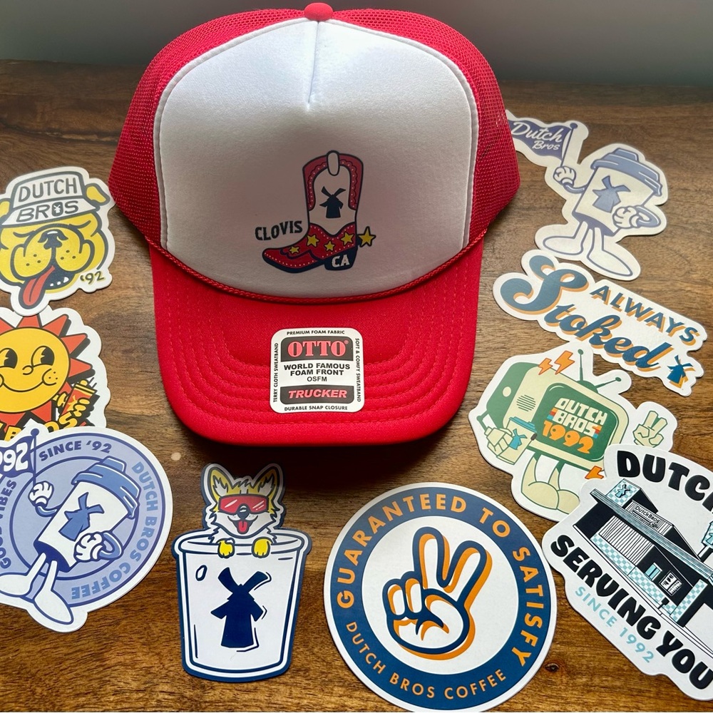 *RARE* Dutch Bros Red and White Trucker Hat with stickers